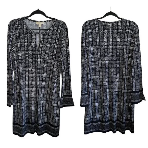Black White Houndstooth Jacquard Michael Kors Long Sleeve Knee Length Dress L - Picture 2 of 10